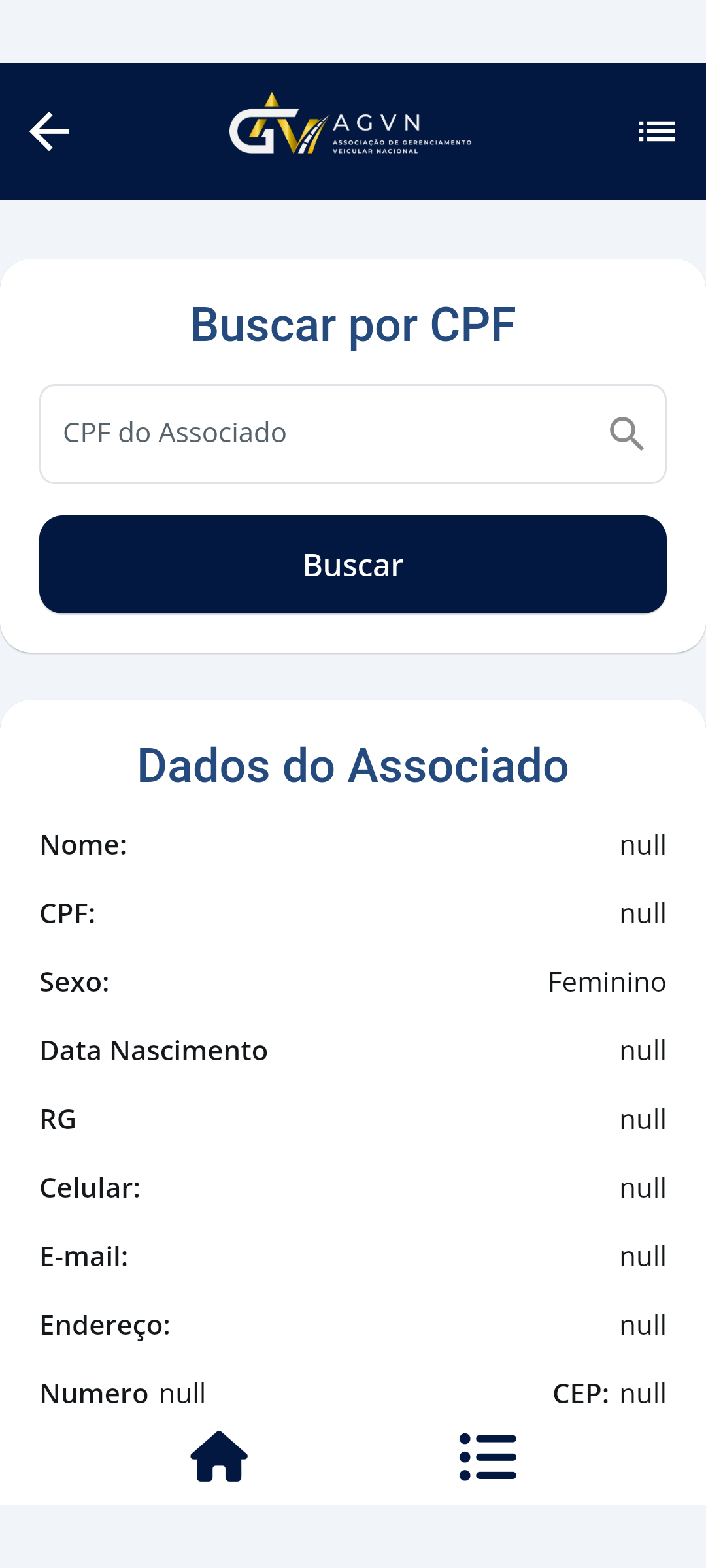 Tela de busca de associado AGVN
